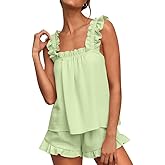 Marvmys Womens Pajamas Set 2 Piece Ruffle Bridal Cute Pajamas Sexy Tank Top and Shorts Bride Sleepwear Set S-2XL