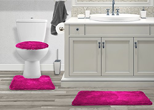 Mary 3 Piece Bathroom Rug Set, Luxury Soft Plush Shaggy Thick Fluffy Microfiber Bath Mat, Countour Rug, Toilet Seat Lid Cover, Non-Slip Rubber Back, Floor Mats Water Absorbent (Fuchsia)
