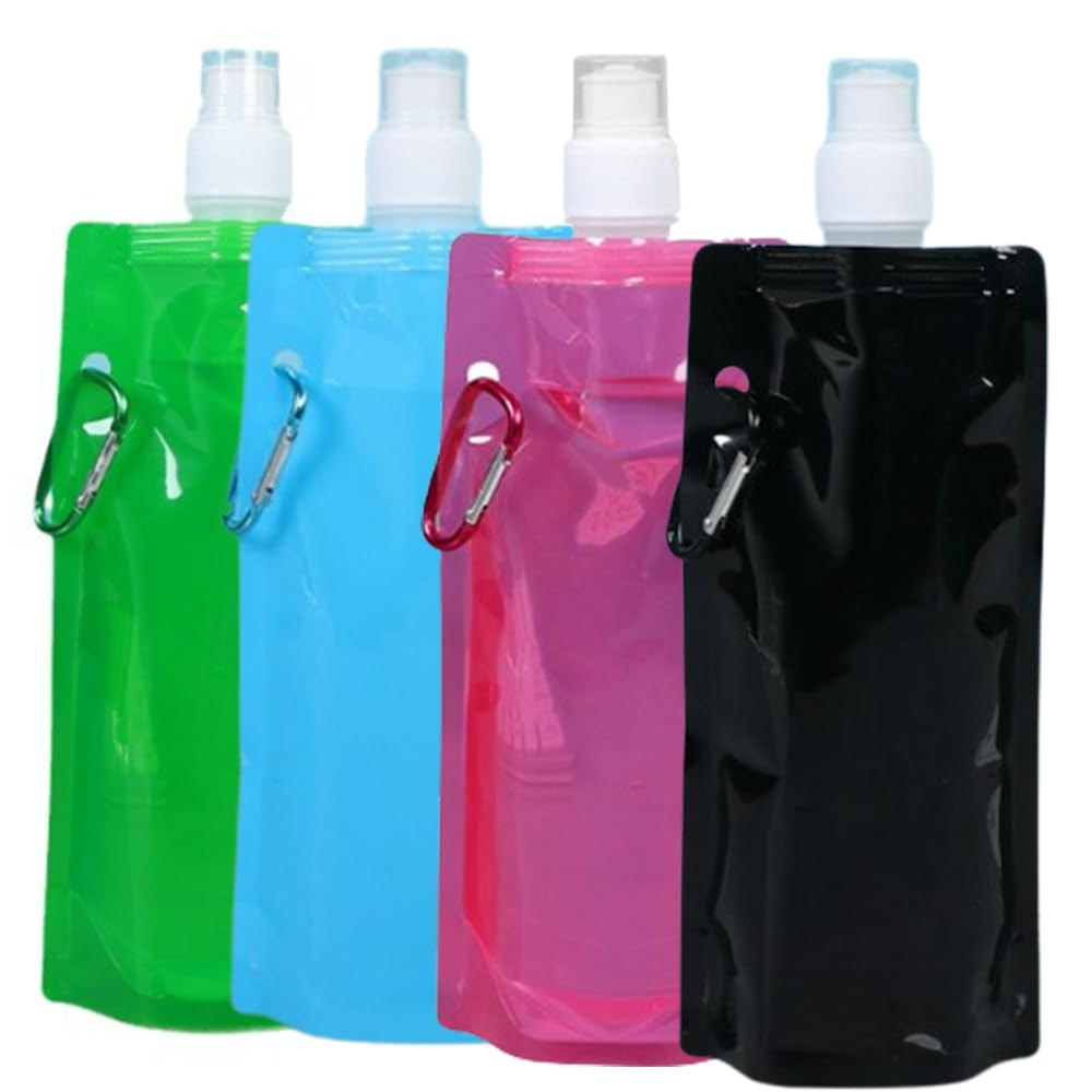 YUEYEHONGDYAIP Foldable Sports Bottle 4pcs Foldable Water Bottle 480mL Reusable Drink Bag for Outdoor Sports Cycling Camping Hiking Travel Foldable Drinking Bottle (Black Sky Blue Rose red Green)
