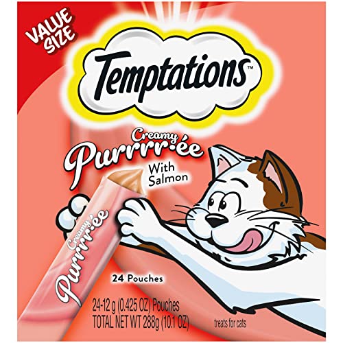 TEMPTATIONS CREAMY PUREE SQUEEZABLE LICKABLE CAT TREATS, WET CAT TREATS WITH SALMON, 0.42 OZ. TUBES, 24 COUNT – PACKAGING MAY VARY