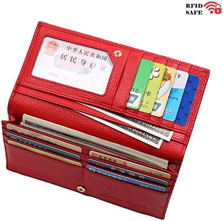 Women RFID Blocking Wallet Genuine Leather Bifold Travel Clutch Zipper Pocket(Red)