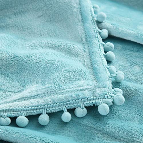 NordECO HOME Flannel Throw Blanket - Soft Cozy Warm Blanket with Pompom Fringe for Couch Bed Sofa Chair, 50" x 60", Teal Blue