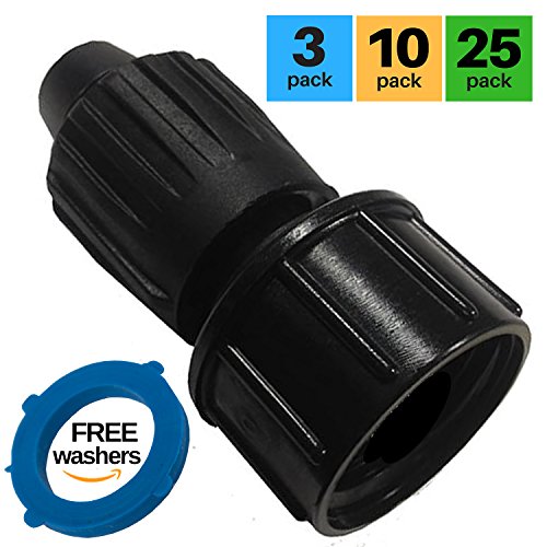 3 Pack 1/2 Inch Drip Irrigation Tubing to Faucet/Garden Hose Adapter: Power-Loc Reusable Universal Fitting For Any Rain Bird, Orbit, Dig, Toro 1/2 or 5/8 Tubing x 3/4 FHT - PLUS Washers