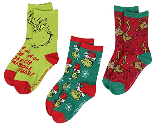 Bioworld Dr. Seuss GRINCH Kids 3 Pairs Multi-Design Crew Socks For Boys' Or Girls'