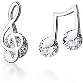 Crystal Music Note Small Sterling Silver Stud Earrings for Women Girls CZ Tiny Cute Asymmetrical Treble Clef Studs Cartilage Dainty Jewelry Birthday Christmas Valentine Gifts