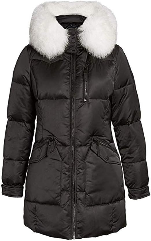 1 Madison Women's Black Shiny Down Puffer Coat with Fur Trim (L) Clothing