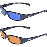 Global Vision New Attitude Black Sport Motorcycle Riding Sunglasses 2 Pair Blue and Orange Lenses