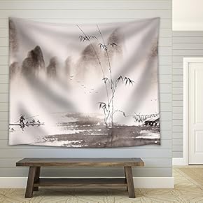 Chinese Landscape Ink Painting - Fabric Wall Tapestry Home Decor - 51x60 inches