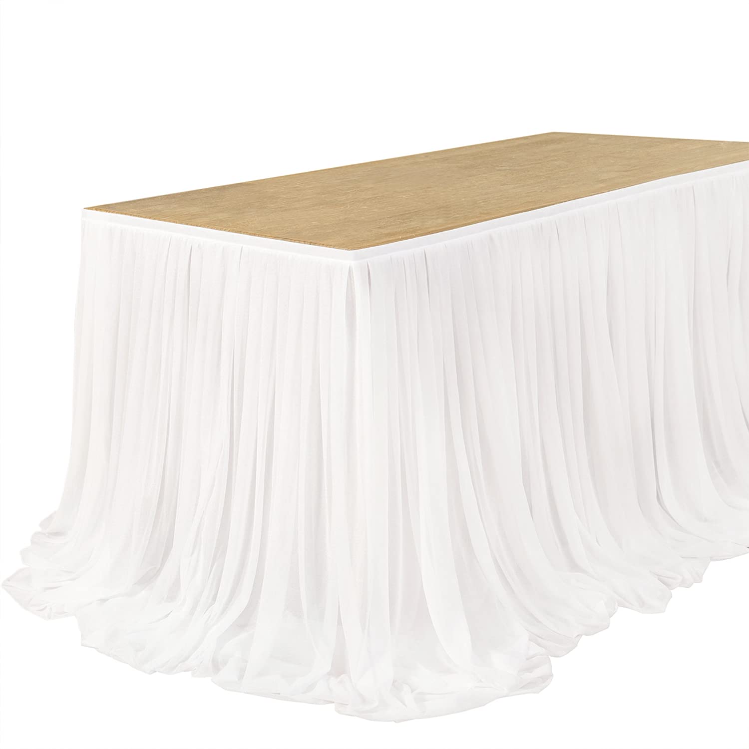 Photo 1 of Ling's moment 9FT White Chiffon Table Skirt Recycle Use Extra Long Sheer Tablecloth for Backyard Wedding Reception Decorations Birthday Party Cake Dessert Decor