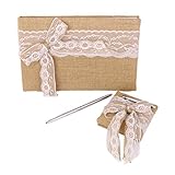 Tinksky Vintage Hessian Burlap Wedding Guest Book Pen with Stand Set Lace Bowknot Decorated Valentine's Day Wedding Favors