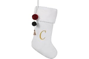 Pxniy 19.5 inches Personalized Velvet Christmas Stocking,Initials Embroidered Letter Christmas Stocking with pom poms, for Fireplace Hanging Decor and Xmas Gift(White C)