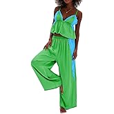 ROAONOCOMO Women Lace Trim Pajama Set Ruffle Babydoll Cami Top Wide Leg Pants Set Silk Satin 2 Piece PJ Lounge Outfit