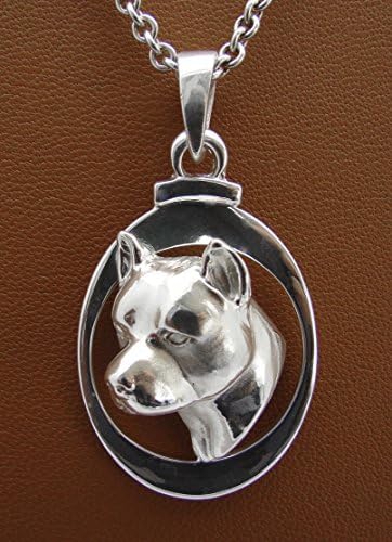 Large Sterling Silver Pit Bull Terrier / Amstaff Head Study On A Oval Frame Pendant