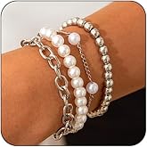 CIWEAI 4Pcs Gold Stack Pearls Beaded Statement Bracelets for Women Fashion Fake Pearl Stackable Bangles Link Chain Bracelet Trendy Layering Jewelry Gift Set