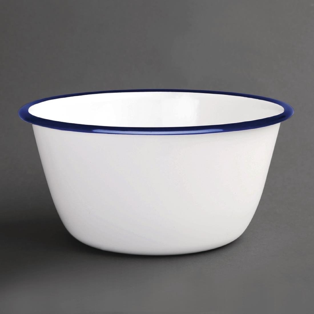 Olympia Enamel White Blue Pudding Bowl 155mm X 75mm Serving Dish Restaurant 6pc