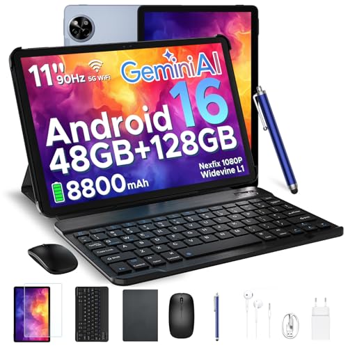 Luzglo P11 Tablette 11 Pouces, Gemini AI Tablette Android 16, 48Go RAM+128Go ROM (2To TF), 120Hz, T7250 Octa-Core, 8800mAh, 13MP+5MP, Widevine L1, Face ID, GPS, FM, Tablettes avec Clavier et Stylet