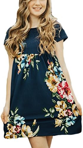 COONITA Girl's Casual Mid-Length Short Sleeve Pleated Floral Empire Waist Tank Dress,12 Years Navy