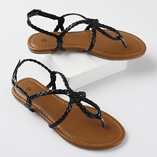 Rekayla Flat Sandals Braided Strap Tong Sandal for Women Black 08
