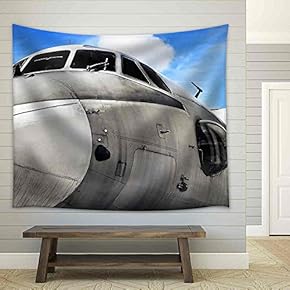 Military Aircraft Against Blue Sky, Close Up, Grunge Background - Fabric Wall Tapestry Home Decor - 51x60 inches