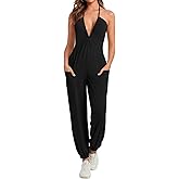 Cicy Bell Women's Sexy Halter Jumpsuits Casual Deep V Nevk Beach Jogger Long Pants Rompers