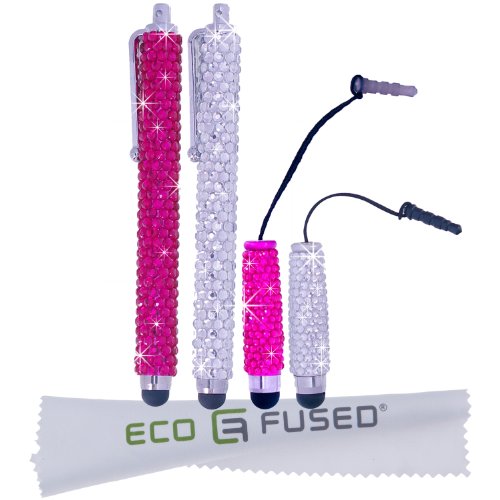 Eco-Fused 4 Universal Bling Stylus Pen Bundle (2 Long and 2 Short) / Compatible With Capacitive Touchscreen Devices (including all Apple and Android Phones and Tablets) / Microfiber Cleaning Cloth