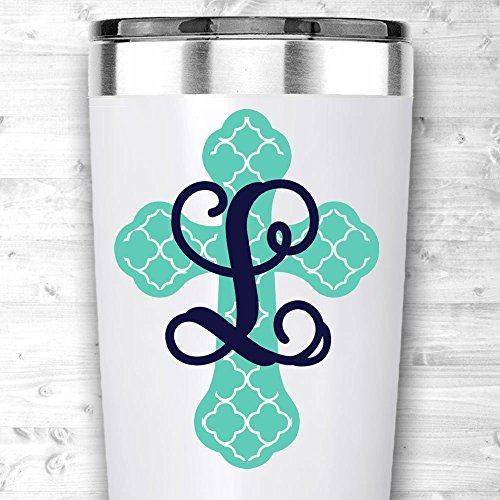 Vinyl Decal - Quatrefoil Cross Decal with Monogram for Yeti RTIC Ozark Trail Tumblers and Cups Laptops Planners or Cars