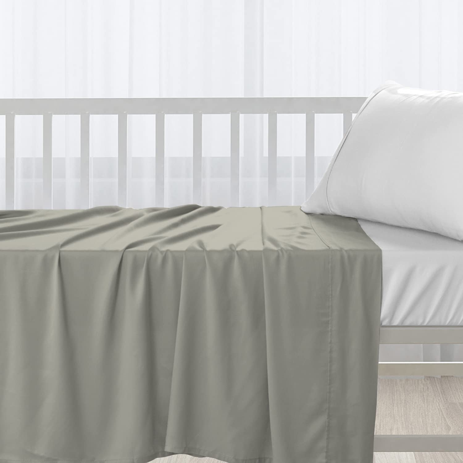 Pizuna Cotton Flat Crib Sheets 120x150cm For Babies Silver, 1pc 400 Thread Count 100% Long Staple Cotton Luxurious Sateen Weave Baby Flat Sheet With Stylish 5cm Hem By (Crib Sheet)