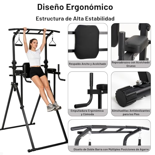GOHOMKIC Barra de Dominadas Plegable, Estructura Triangular, Estación de Barra de Inmersión de Gimnasio en Casa, Altura Ajustable, Equipo de Entrenamiento de Fuerza Multifuncional