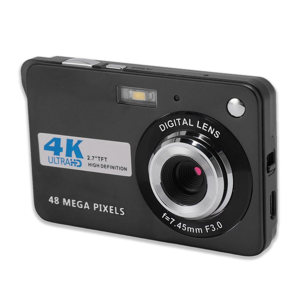 4K Digital Camera 48MP HD 2.7 Inch Screen 8X Zoom Autofocus Auto Beauty Anti Shake Travel Pocket Camera with Fill Light for Teens Kids (Black)