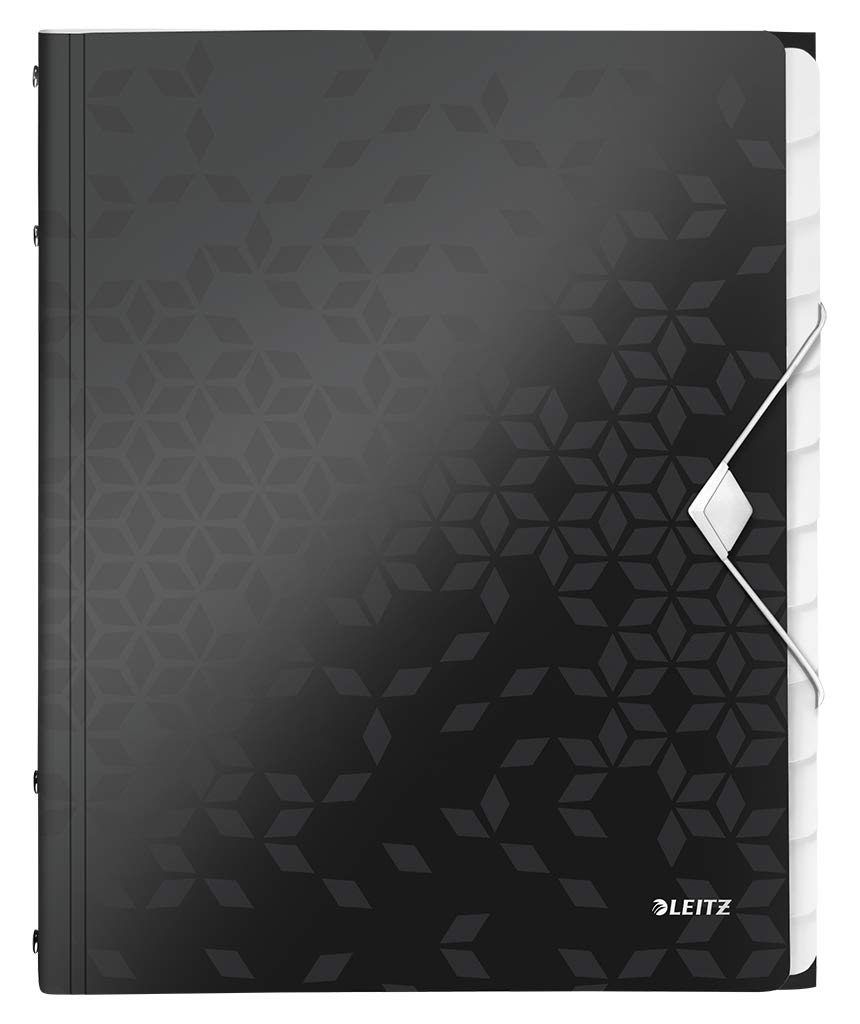 Leitz A4 Divider Book, Holds Up to 200 Sheets, Integrated Index with 12 Compartments, Elastic Closure, Black, WOW Range, 46340095