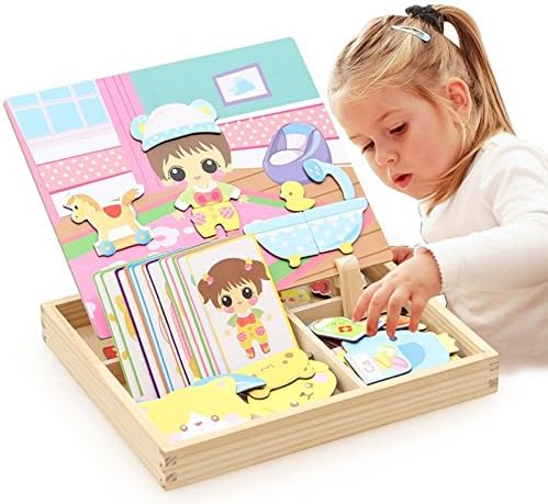 SJDZ Wooden Drawing Toy,Magnetic White Board Games Princess Dress-Up Puzzle with Storage Case Toys for 3 Years Old
