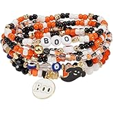 ChungLong0593 Halloween Stackable Rice Beaded Bracelets for Women Cute Pumpkin Ghost Bat Boo Pendant Multilayered Beaded Stretch Bracelet Set Halloween Jewelry Gift