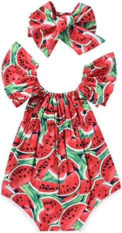Vivostore Baby Rompers Bodysuit Watermelons Printed Ruffle Bodysuit With Headband Babygirls Clothes (Medium)
