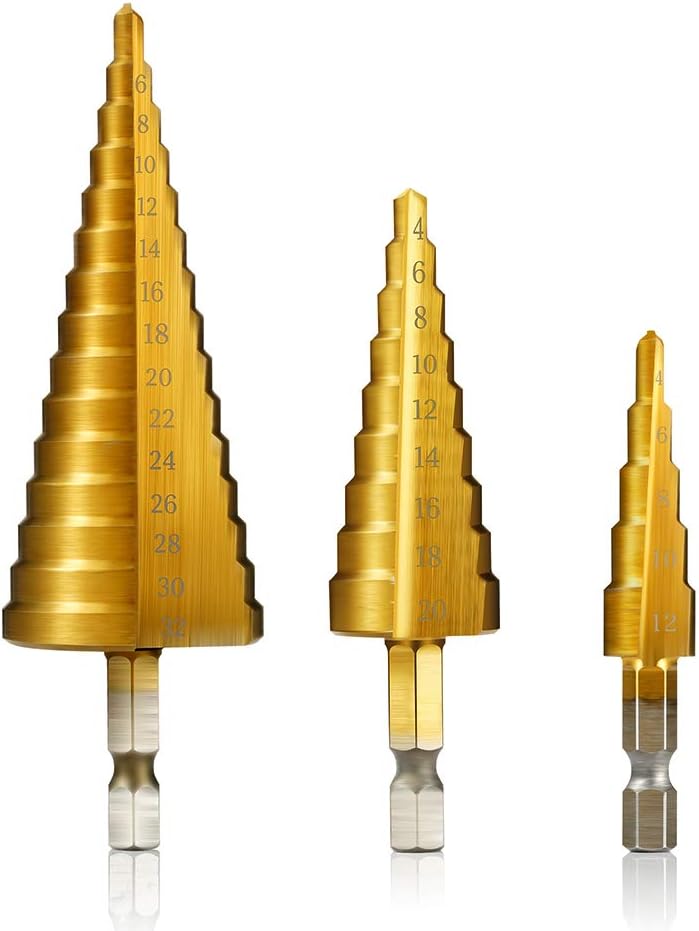 4-12mm/4-20mm/4-32mm 3Pcs High-Speed Steel Step Drill Bit Set Metal Hole Cutter Power Tools Cone Titanium Coated 1/4" Hex Shank Drive Quick Change.