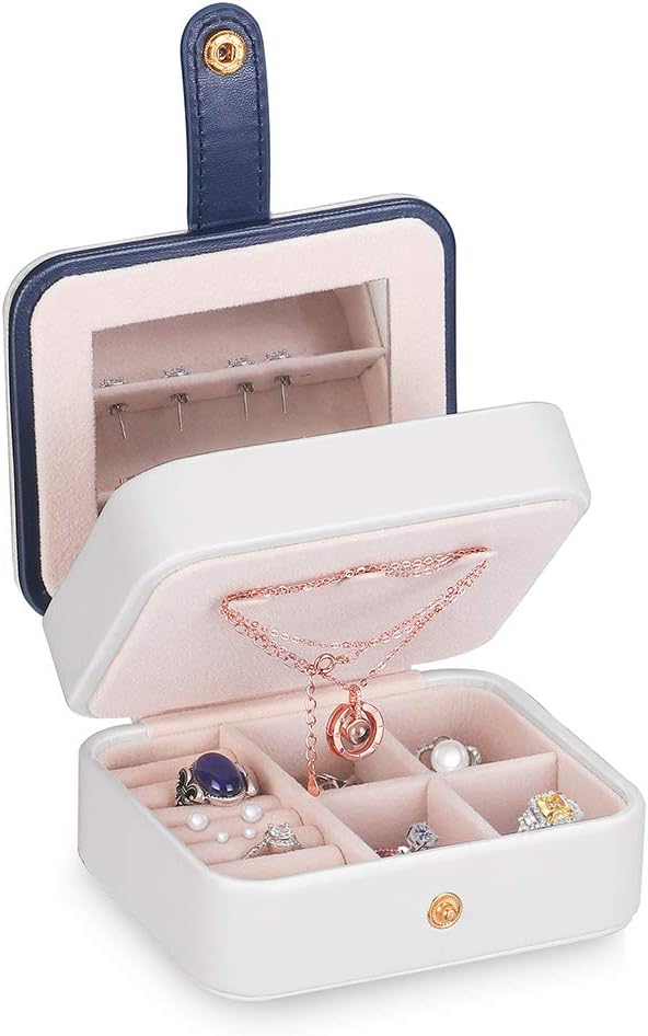 CGBOOM Small Travel Jewellery Box Dual-Layer Adjustable Interior, Faux Leather Jewellery Organiser Display Storage Case with Mirror for Rings Earrings Necklace, Great Gift for Girl and Women