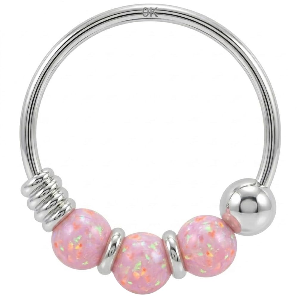 AZARIO LONDON 9K White Gold Nose Ring Triple Pink Opal Bead 22 Gauge Hoop — image 1