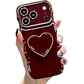 Cute Case for iPhone 17 Pro Max 6.9'', Wine Red Soft TPU Shape Shockproof Protective Cover with Stand, Luxury Bumper Wave Frame Curly Shape Love Heart Holder Kickstand Phone Case for Girls Women