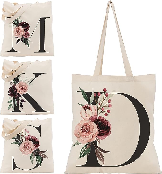 Floral Initial Canvas Bag Gifts for Women - 15"x16" Shoulder Tote Bags for Bridesmaids Hen Party Teacher Gift Shopping Bag C1 (Initial #D)