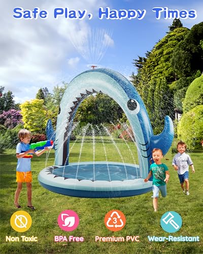 Gleamkid Splash Pad,4-In-1 Inflatable Shark Water Toys for Boys Girls,Summer Outdoor Game with 4 Rings Toss Toy, Garden Toys Sprinkler for Kids,Backyard Water Sprinkler Spray Outdoor Toys