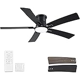 52 Inch Ceiling Fans with Lights and Remote, Black Low Profile Ceiling Fan, Flush Mount Style with 5 Blades, For Indoor Bedroom Living Room/Outdoor, 6 Speed Reversible DC Motor, 3CCT Dimmable LED