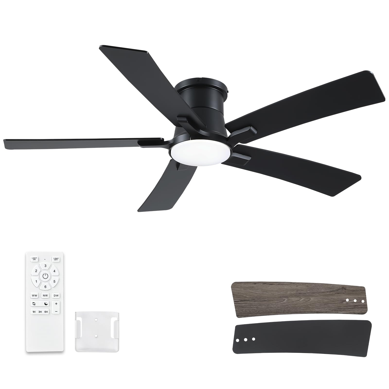 Photo 1 of ***MAJOR DAMAGE*** ***READ CLERK NOTES*** 52 Inch Ceiling Fans with Lights and Remote, Black Low Profile Ceiling Fan, Flush Mount Style with 5 Blades, For Indoor Bedroom Living Room/Outdoor, 6 Speed Reversible DC Motor, 3CCT Dimmable LED