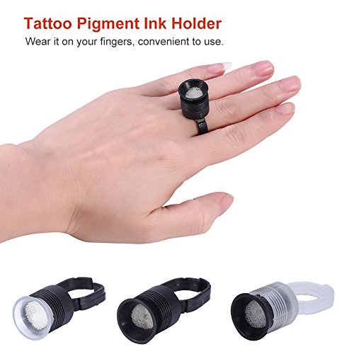 Tattoo Ink Ring, 100pcs Tattoo Ink Ring Pigment Ink Holder Container Cup with Sponge Eyebrow Tattoo Kits(Black Ring, White Cup)