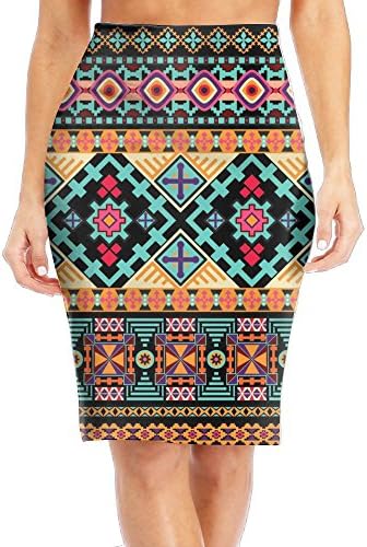 NKZSUX Womens Basic Brown Tribal Midi Pencil Skirt Elasticity Slim Pencil Dress
