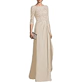 Mother of The Bride Dress 3/4 Sleeve Chiffon Laces Appliques Ruched Formal Evening Gowns