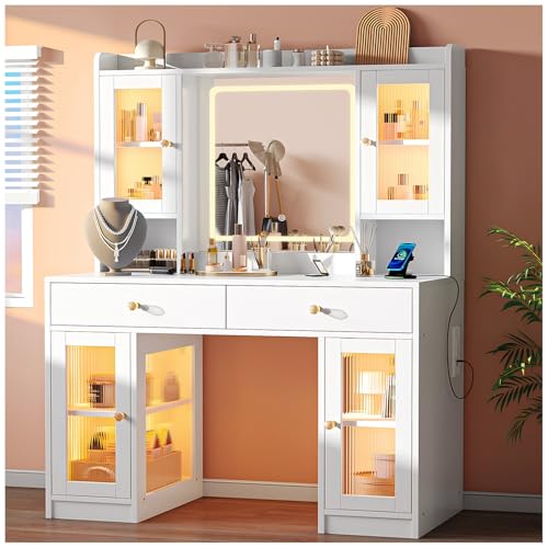 SIMPLE ESPACIO Tocador,Vanity Tocador con Espejo Luz Led,Tocadors de Maquillaje Tres Modos de Luz,Tocadors Vanity con 2 Cajones y 4 Armarios LED,Tocadors de Maquillaje con Regleta