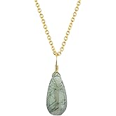 CRYSTALINES Natural Green Rutiled Quartz Gemstone Necklace, Polished Teardrop Stone Dainty Pendant, Handmade Bohemian Jewelry, Healing Crystals, Gold Plated Chain, Christmas Gift for Women-18inch