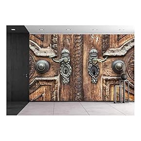 Old Hand-Carved Wooden Pattern on The Door with Forged Crank - Removable Wall Mural | Self-Adhesive Large Wallpaper - 66x96 inches