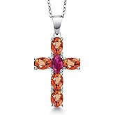 Gem Stone King 925 Sterling Silver Orange Sapphire and Red Created Ruby Cross Pendant Necklace for Women | 3.25 Cttw | Gemstone September Birthstone | Oval 6X4MM | With 18 Inch Chain
