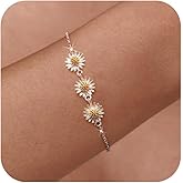 LOVECOM Daisy Flower Bracelets for Women 925 Sterling Silver Cute 3 Daisies Link Bracelet Sunflower Floral Adjustable Friendship Charm Chain Bracelet Summer Jewelry Birthday Gifts to Daughter