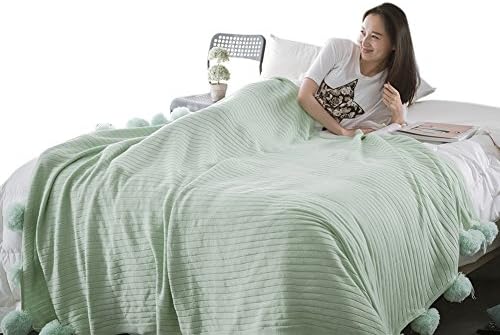 TonTech 100% Cotton Cute Pompoms Cable Knitting Soft Sofa Bedding Couch Car Cover Throw Blanket 150x200cm/59x78.7" for Summer (Light Green)